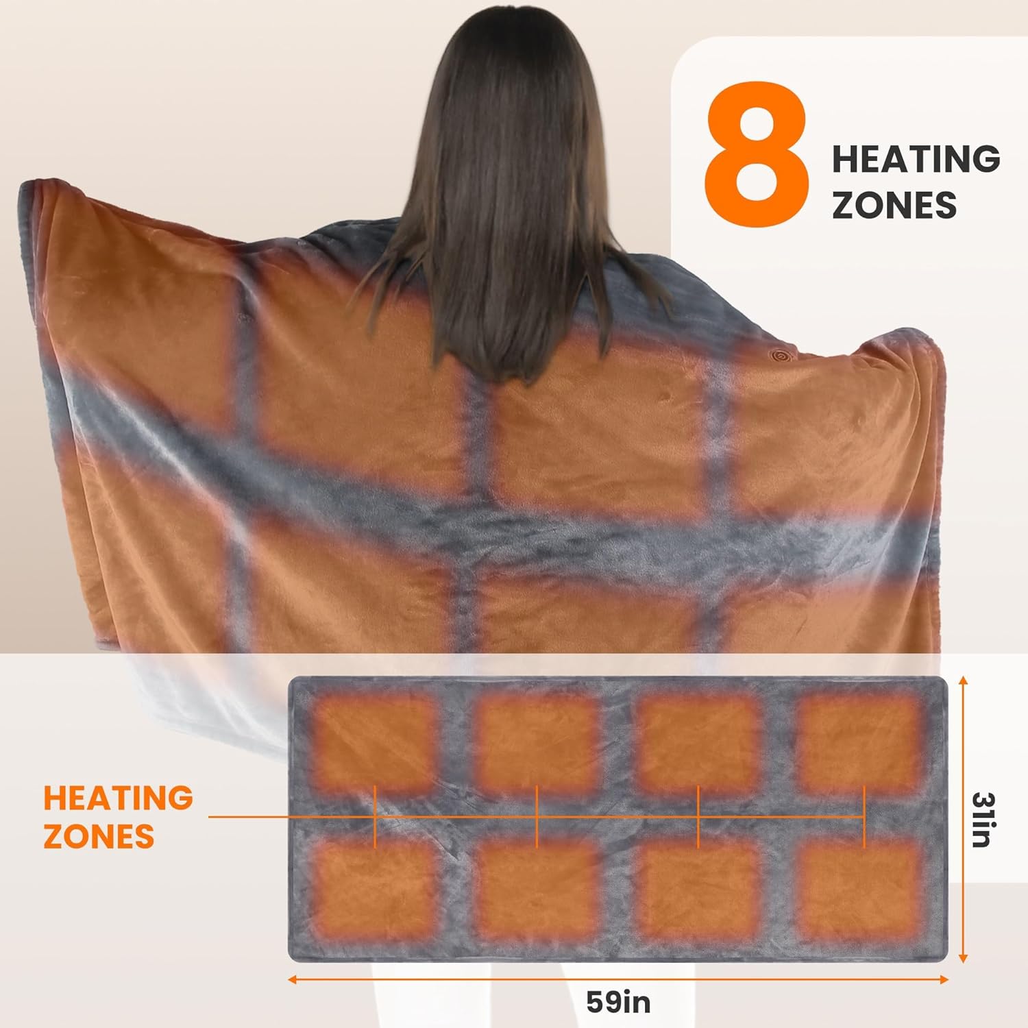Wearable Heated Throw Blanket, Portable Flannel Electric Heated Wrap Poncho Shawl with Pockets & Zipper, 8 Heating Zones & 3 Heating Levels, 59x31in - Image 4