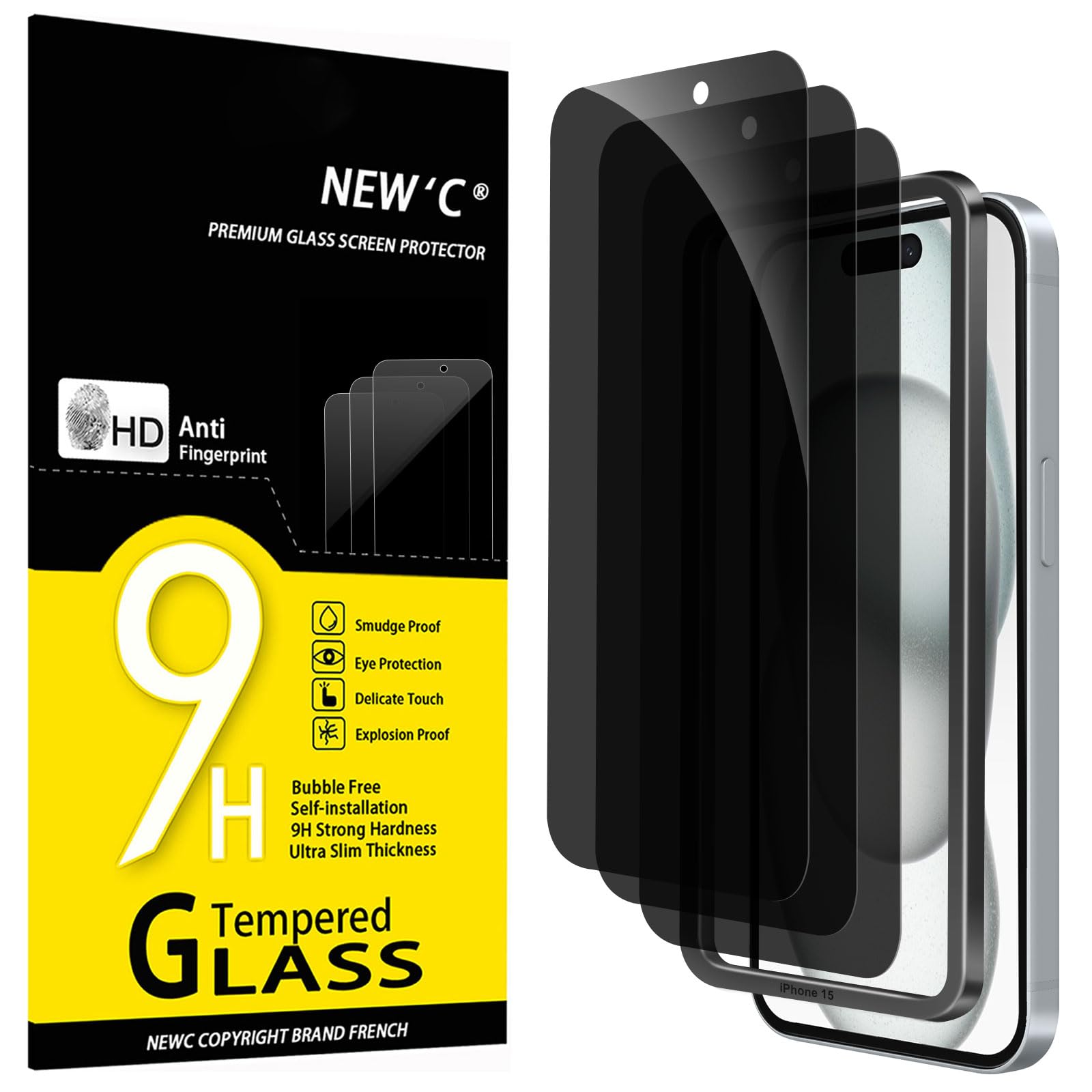 NEWC 3 Pack Privacy for iPhone 16 iPhone 15 Screen Protector 6 1 inches Anti-Spy Tempered Glass Film