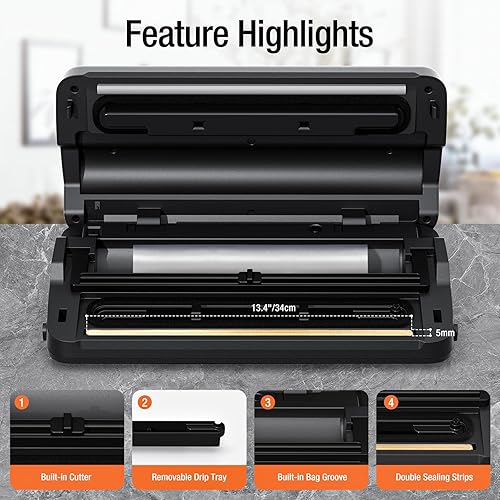 Miniatura 3 de Máquina selladora al vacío de alimentos de 90 Kpa, selladora al vacío de precisión para alimentos con cortador integrado y almacenamiento integrado,