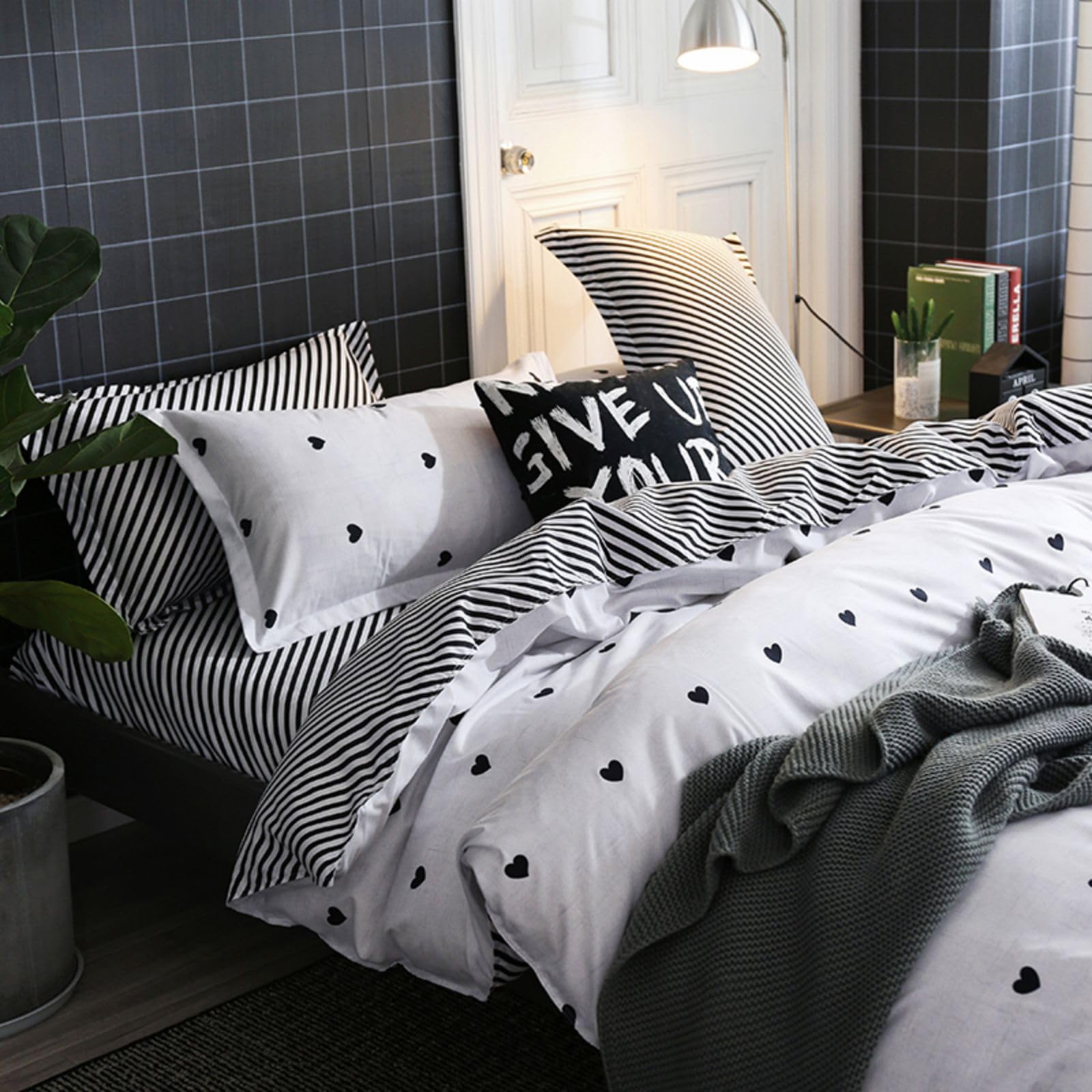 Freyamy Copripiumino 220 x 240 cm+2 federe 65 x 65 cm cuore stampato bianco nero set da letto matrimoniale per adulti motivo cuore set copripiumino in microfibra con cerniera