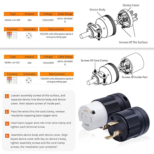 Miniatura 2 de Juego de enchufe y conector de bloqueo NEMA L14-30P y L14-30C, bloqueo giratorio del generador con extremo de cable de extensión 30A, 125250V, 3