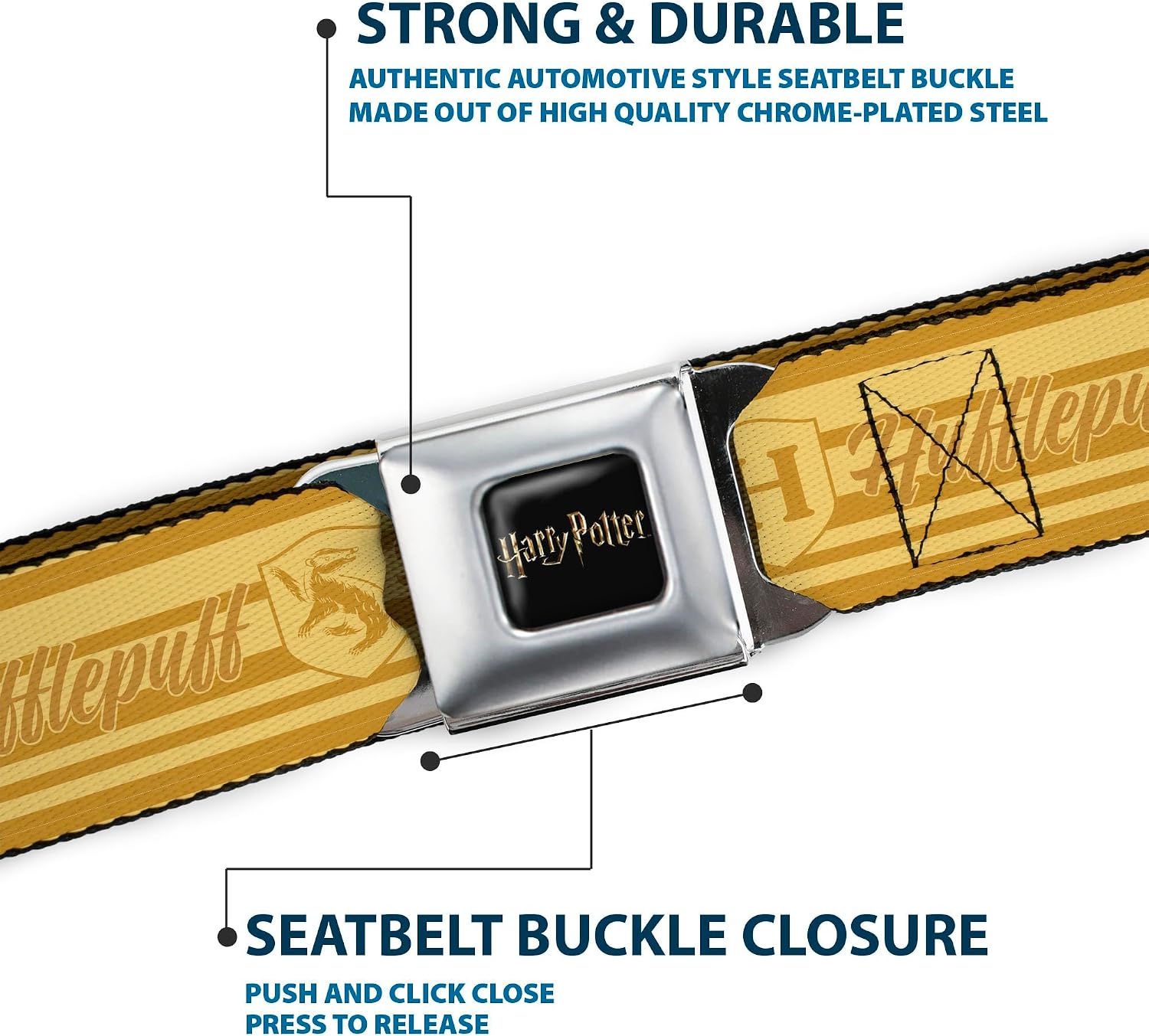 Harry Potter Belt, Seatbelt Buckle Belt, Harry Potter Hufflepuff House Champion Icons Stripe Yellows, 30 to 44 Inches