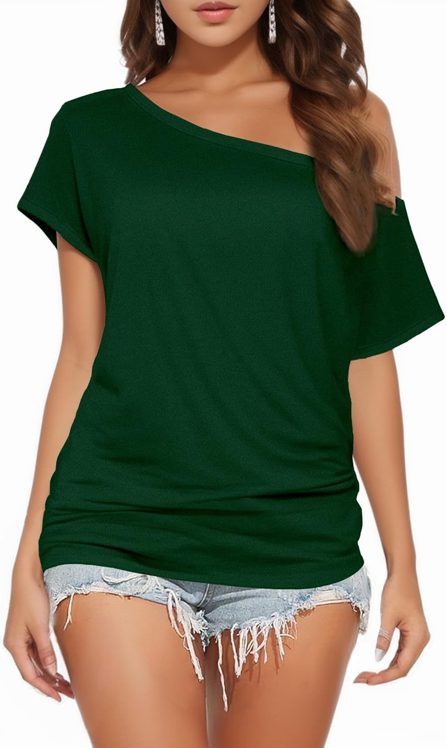 Buauty Womens Summer Off Shoulder Tops Casual Loose Short Sleeve T Shirts One Shoulder Tops Trendy Sexy Cute Tunic Tee Green