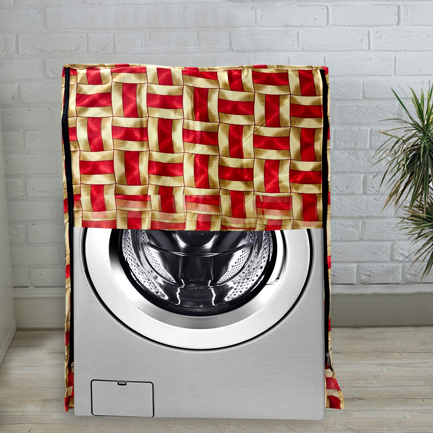 KANUSHI Industries® Washable & Dustproof Golden line Design Front Load Automatic Washing Machine Cover (Red) (Suitable for 6 Kg, 6.5 kg, 7 kg, 7.5 kg)(WASMAC-RED-GOLDEN-LINE-FRONT-01)