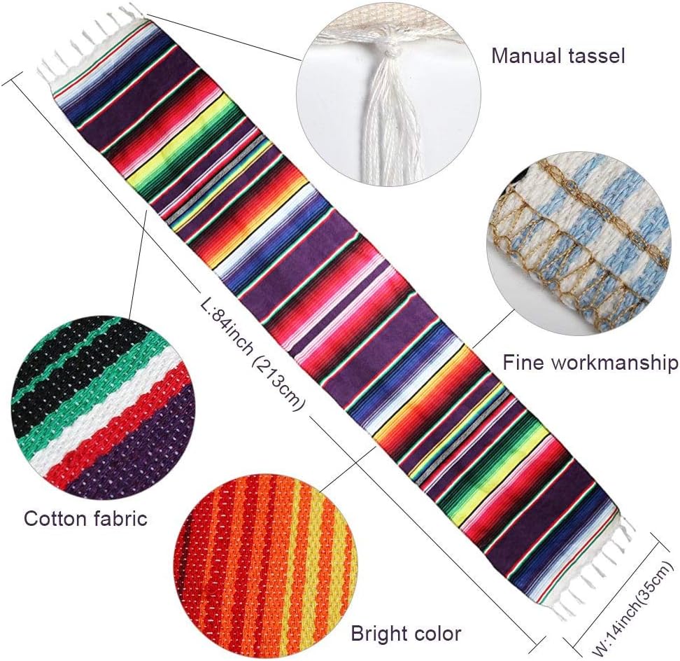 OurWarm 14 x 84 inch Mexican Serape Table Runner for Mexican Party Wedding Decorations, Fringe Cotton Table Runner