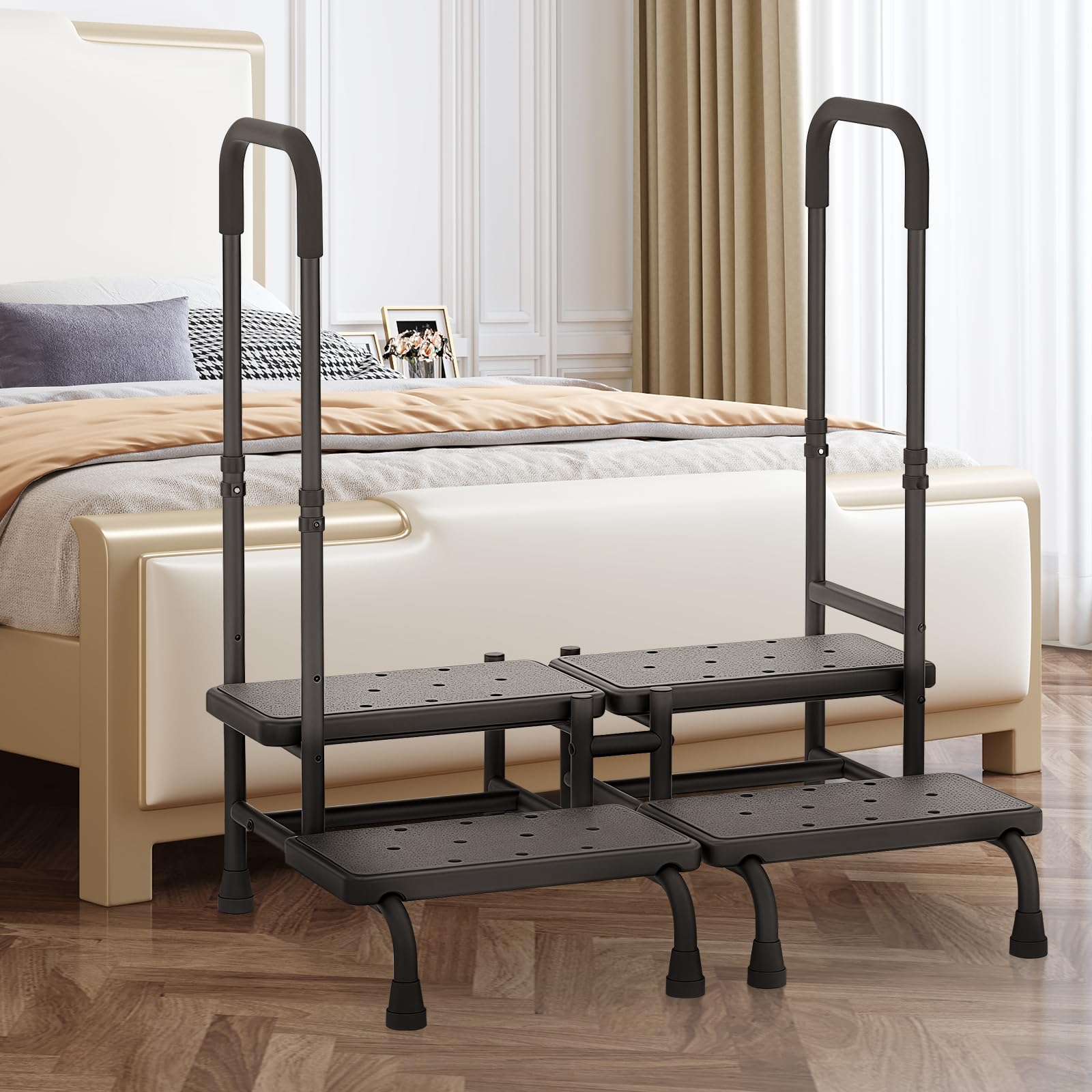 Step Stool with Handle for Elderly, Heavy Duty 2-Step Stool for Adults Seniors with Adjustable Handrail&Non-Slip Platform Black Step Stools Adjustable Standing Aid Device Long Step Stools Platform