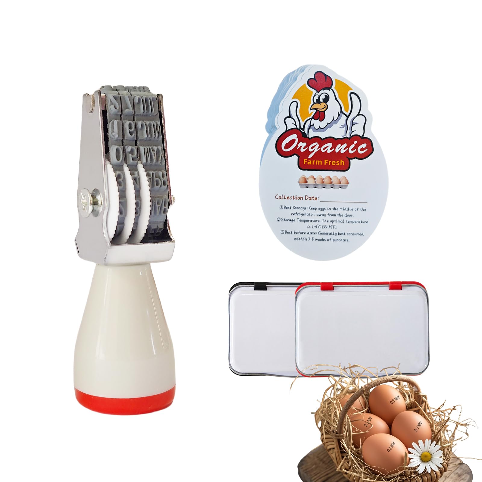 Kit de fecha de huevo, sello de fecha, 2 tintas resistentes a la decoloración (rojo y negro), almohadilla de sellado, 50 huevos frescos de granja instrucciones (idioma español no garantizado