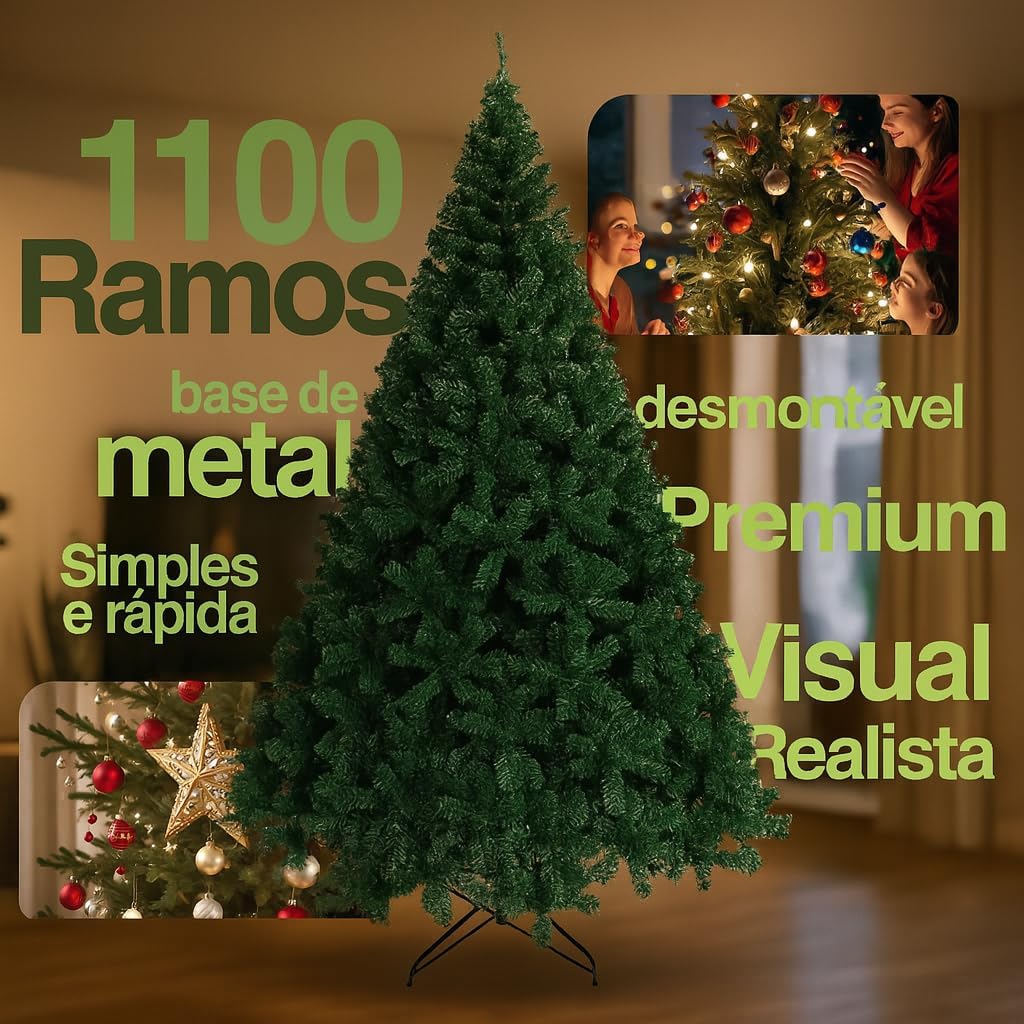 Árvore de Natal 2,10m Premium com 1100 Galhos | Estilo Clássico, Montagem Fácil e Suporte de Metal