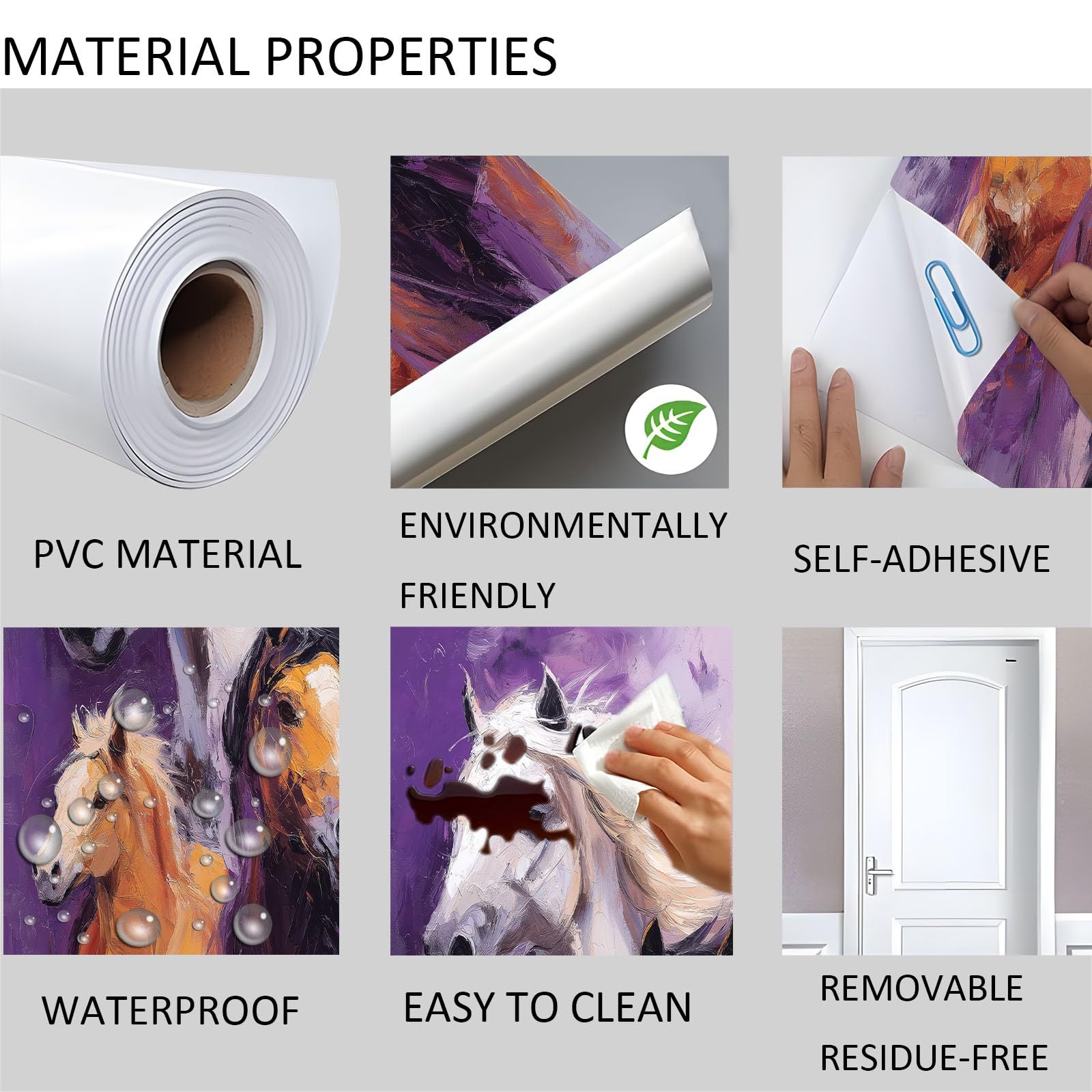 Adesivo per porta con cavallo, motivo astratto graffiti con animali, in PVC, impermeabile, rimovibile, viola, per camera da letto, soggiorno, decorazione per la casa, 95 x 210 cm