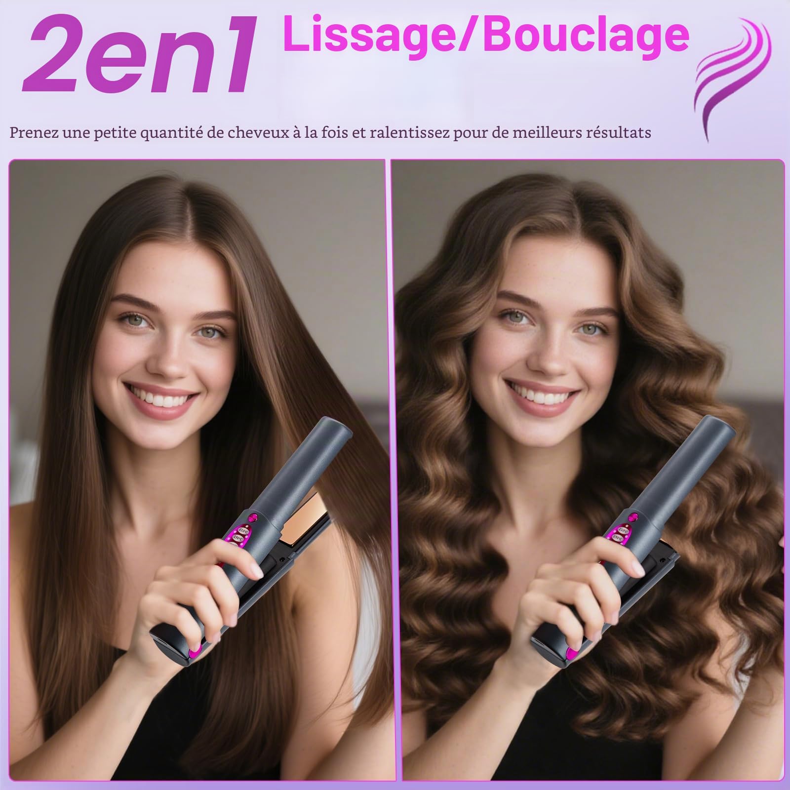 OBEST Lisseur de Cheveux Sans Fil, Fer à Boucler Sans Fil 2 en 1 5000 mAh | Mini Lisseur de Cheveux Portable de Voyage en Titane, Chaleur Rapide, Charge de Type C, 3 Températures Réglables