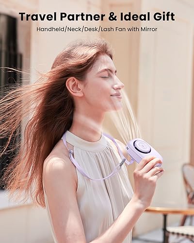 Miniatura 2 de Gaiatop Mini ventilador de cuello, uso de escritorio de mano recargable, pantalla de alimentación LED, espejo giratorio de 3 velocidades de 360 para