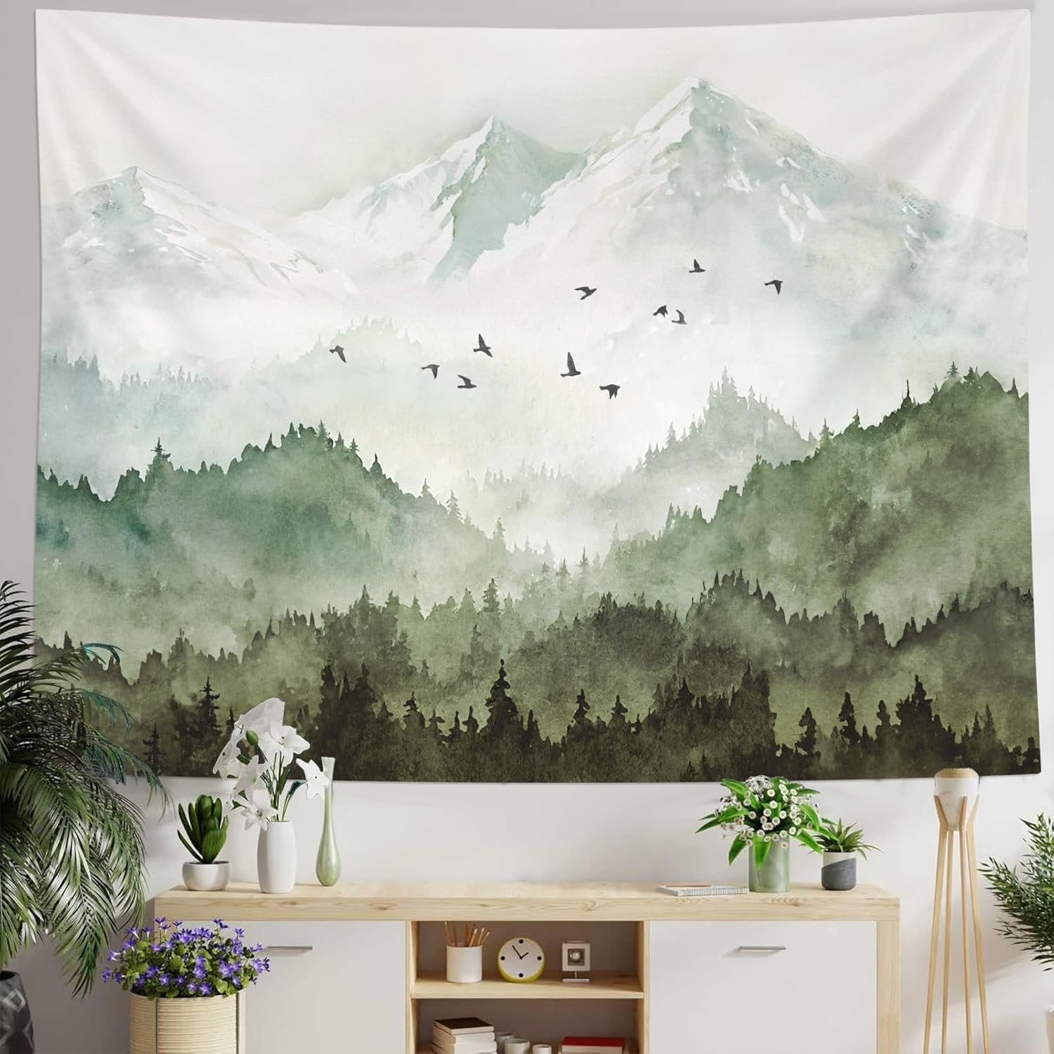 kampdream Mountain Forest Tapestry, Misty Foggy Sage Green Tree Landscape Watercolor Art Wall Tapestries, Nature Scenery Tapestry for Bedroom Living Room Backdrop 68×90 inch