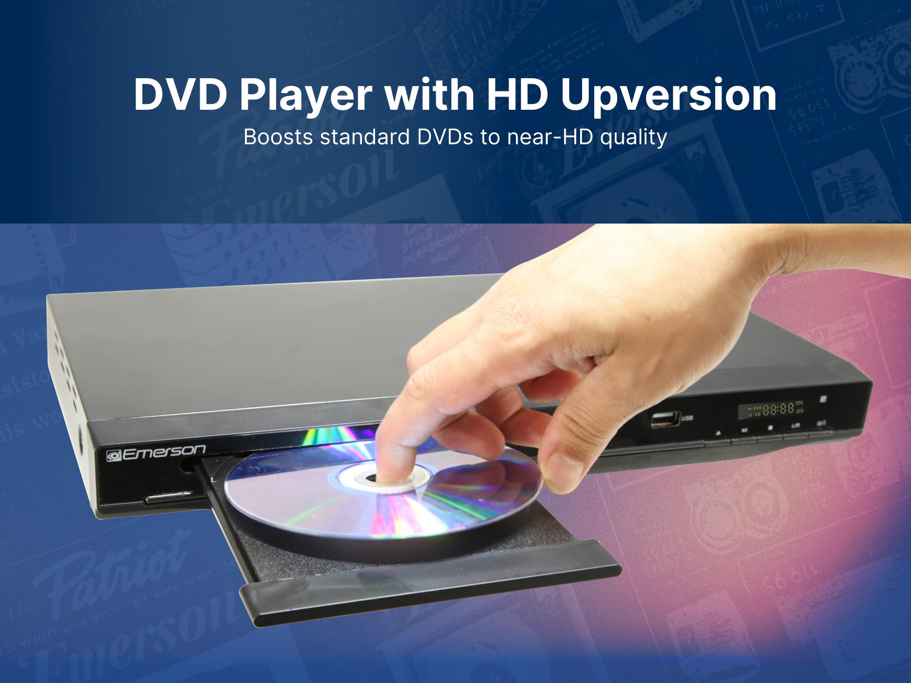 Emerson Reproductor de DVD ED-8000 con conversión HD, salida HDMI, reproducción USB, resolución de 1080p y sonido envolvente digital Dolby. Mejora tu colección de DVD con calidad de imagen de alta