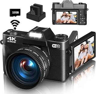 WIKICO 4K 56MP Digital Vlogging Camera: WiFi, 180° Flip Screen, 16X Zoom, Wide Angle Lens, 32GB Card, 2 Batteries - Black
