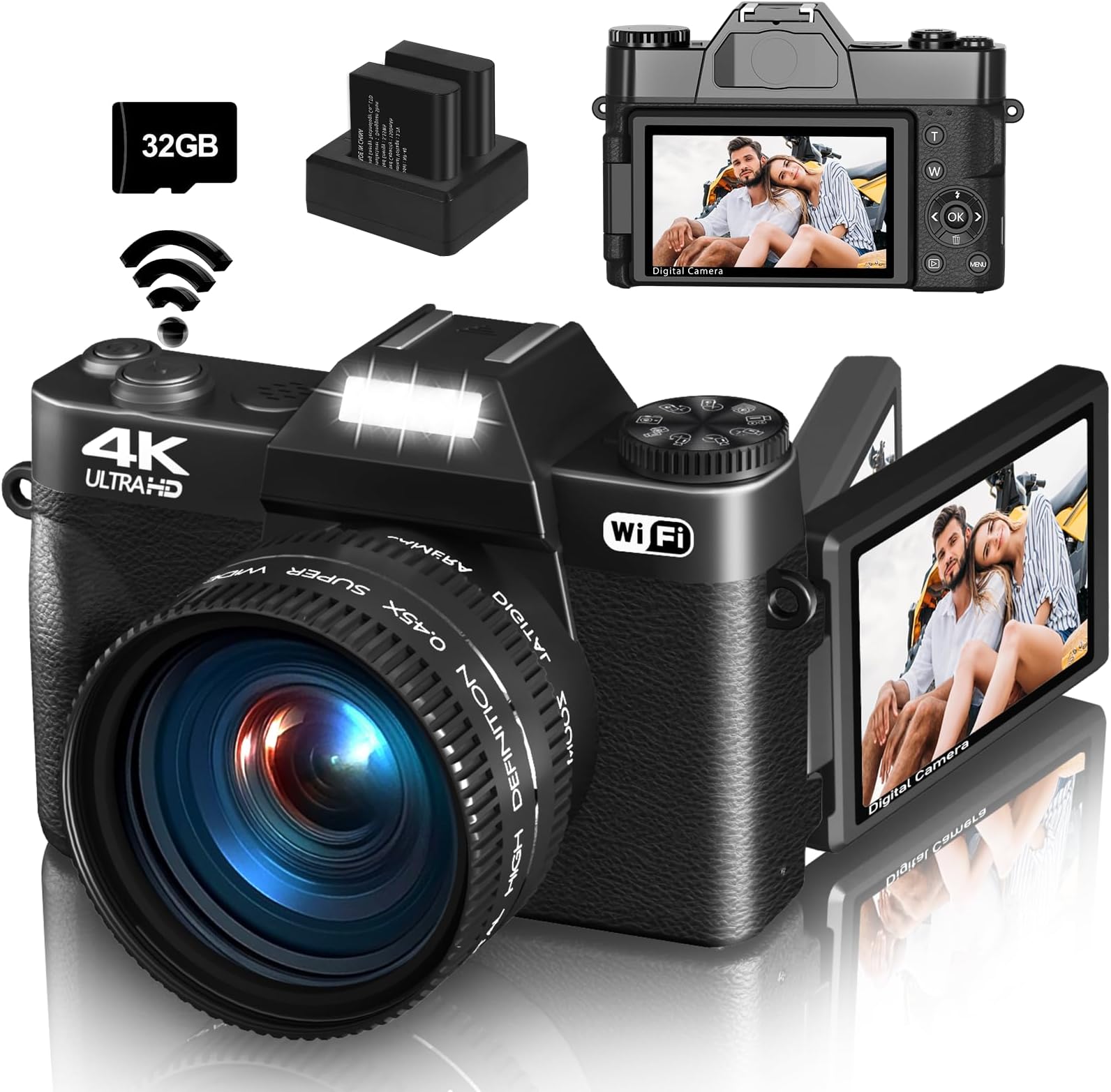 4K Digital Camera for Photography & Vlogging, 56MP YouTube Camera with WiFi, 3" 180° Flip Screen, 16X Digital Zoom, 52mm Wide Angle & Macro Lens, 32GB TF Card, 2 Batteries – Black