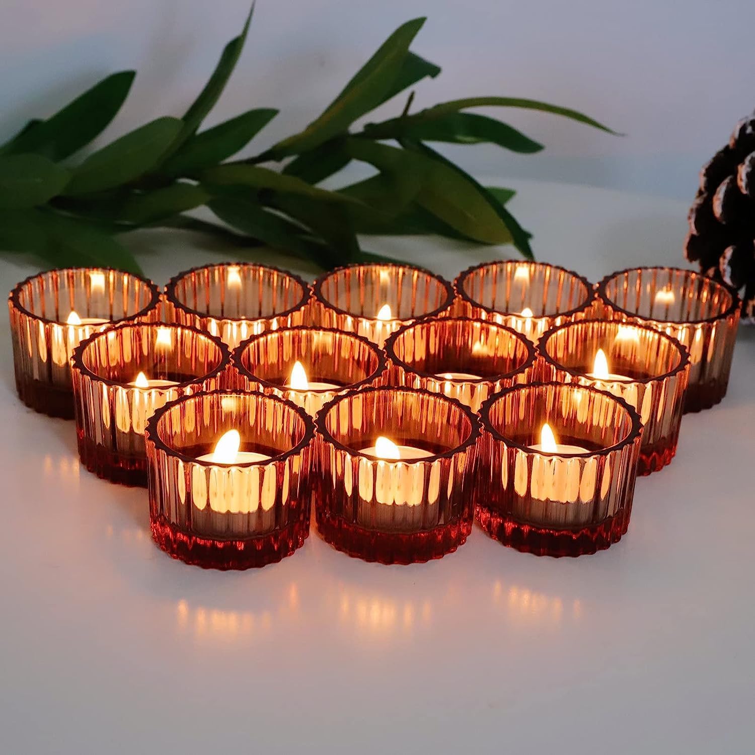 Vohocandle Rose Gold Tea Light Holders set of 12 for Valentines Day Ribbed Tealight Holders Glass for Wedding Cute Votive Candle Holder for Room Decor (3.5cmH *5cmW) - Image 2
