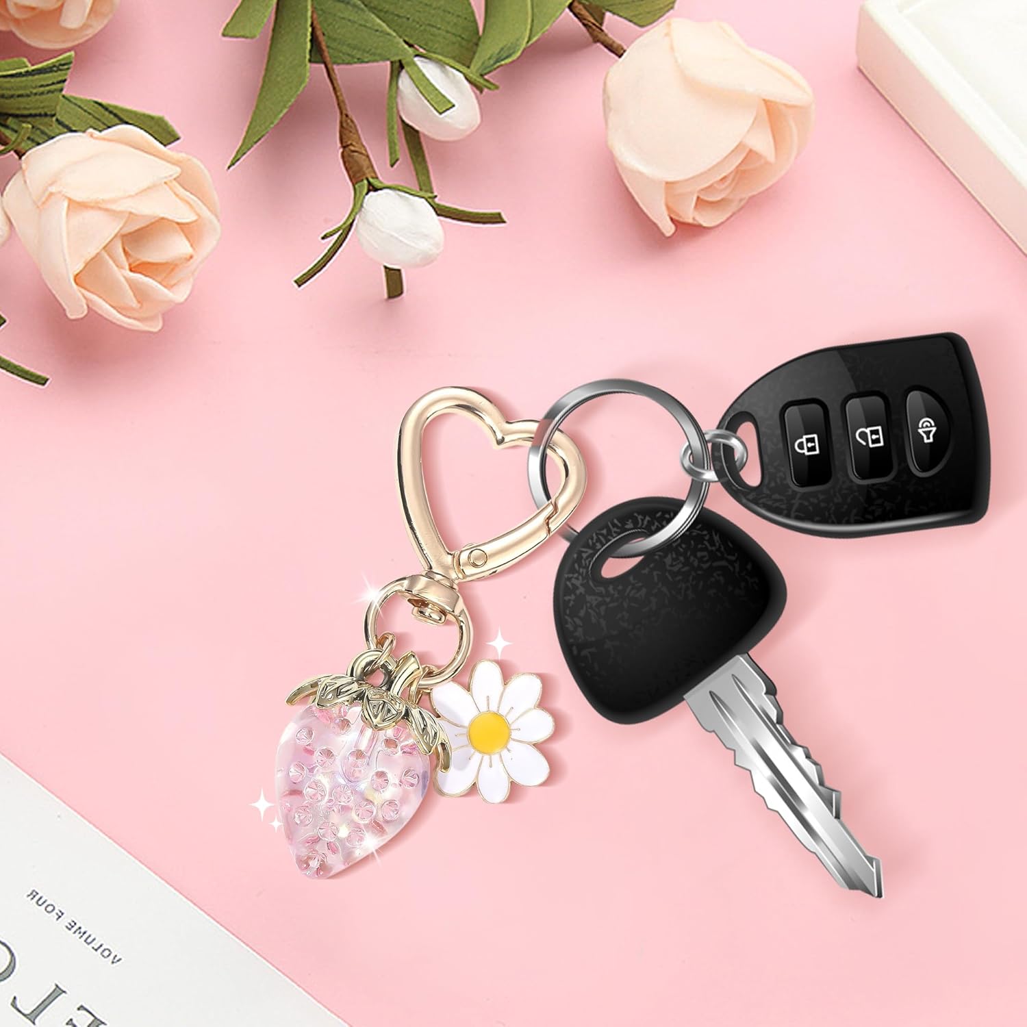 Strawberry Keychain Charms, Blue Strawberry Keyring with Bunny Charm - Image 4