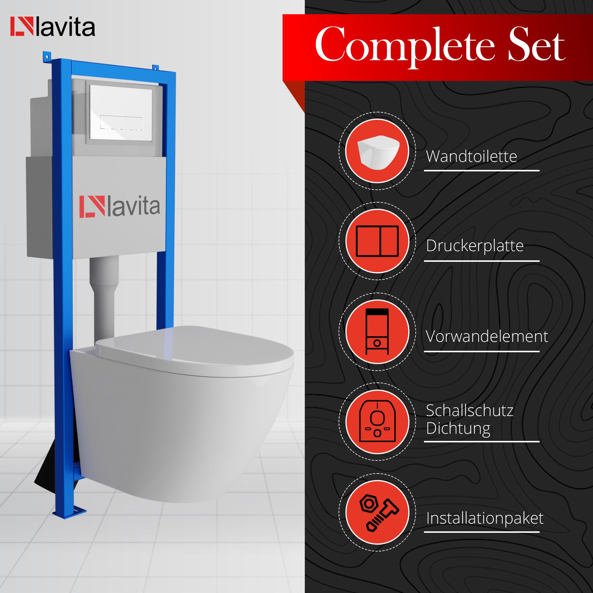 Lavita LAV 101 LAV 200.3.1 - Elemento de pared para inodoro de 40 cm + lavabo profundo sin borde y placa de control LAV 200.3.1 color blanco | juego completo | cisterna empotrada | inodoro completo