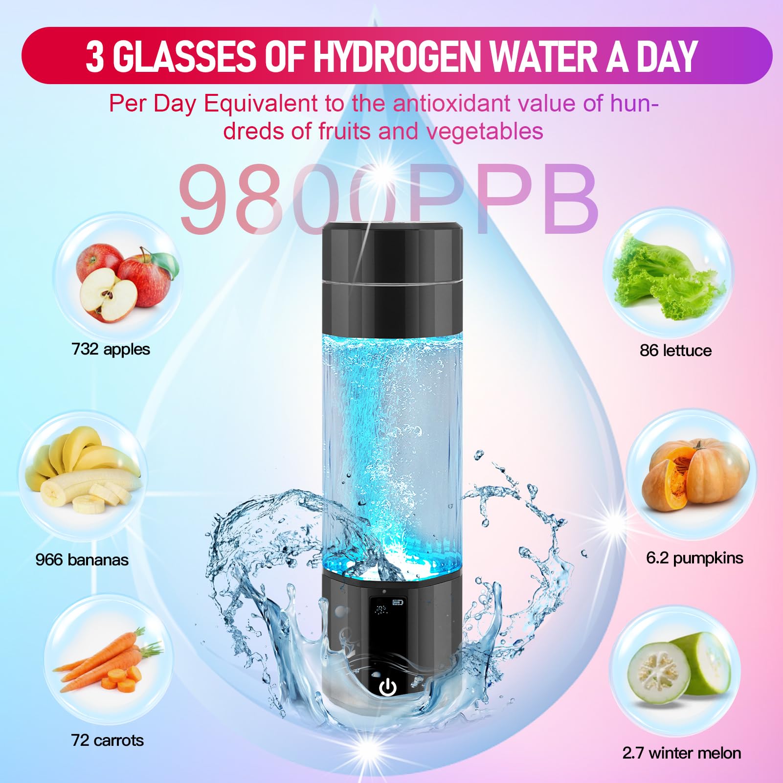 Bottiglia di acqua idrogeno 9800ppb elettrolisi rapida 208ml ionizzatore acqua alta concentrazione idrogeno ricca tazza di acqua per ufficio domestico