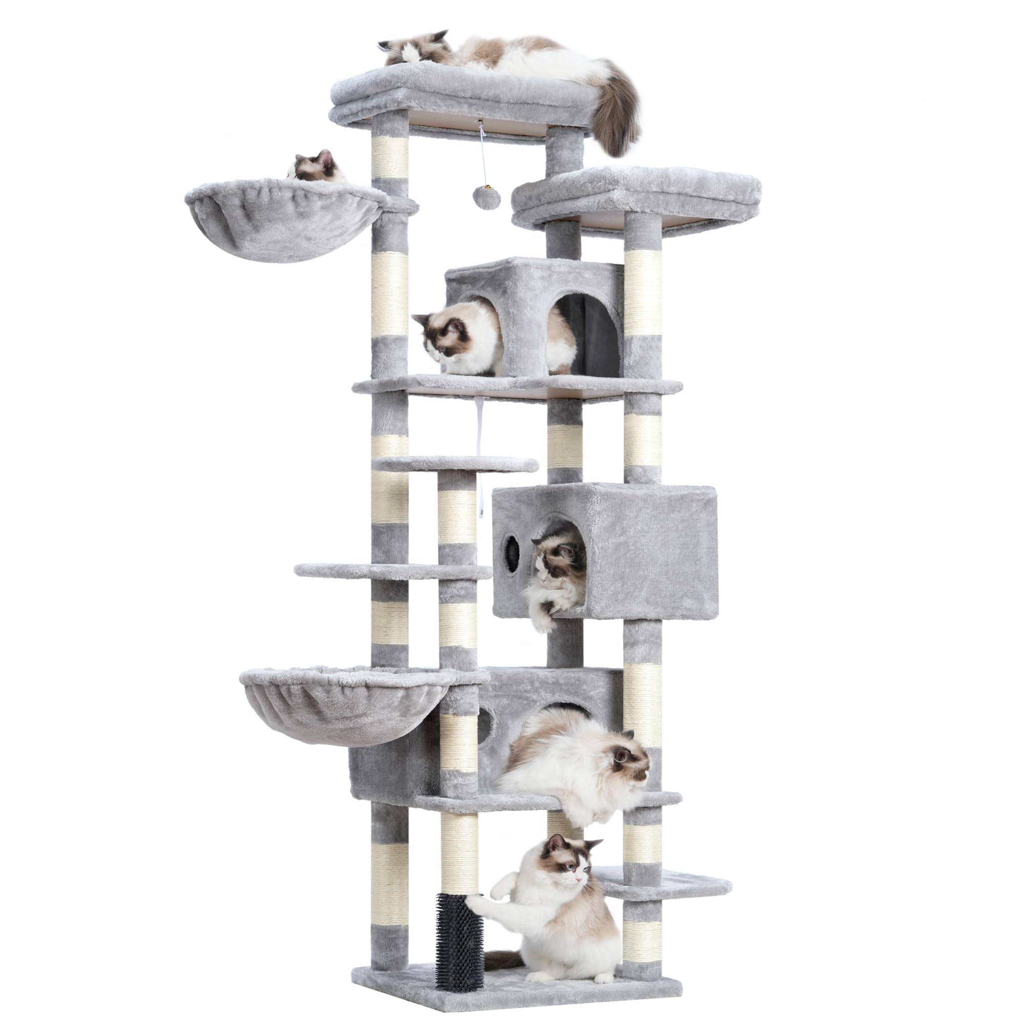 Hey-brother Cat Tree, 188 cm Multi-Level XL Large Cat Tower for Indoor Cats with Three Cat Condos, Two Large Top Decks and Cat Hairbrushfor Kittens, Cats and Pets, Light Gray MPJ035-MW