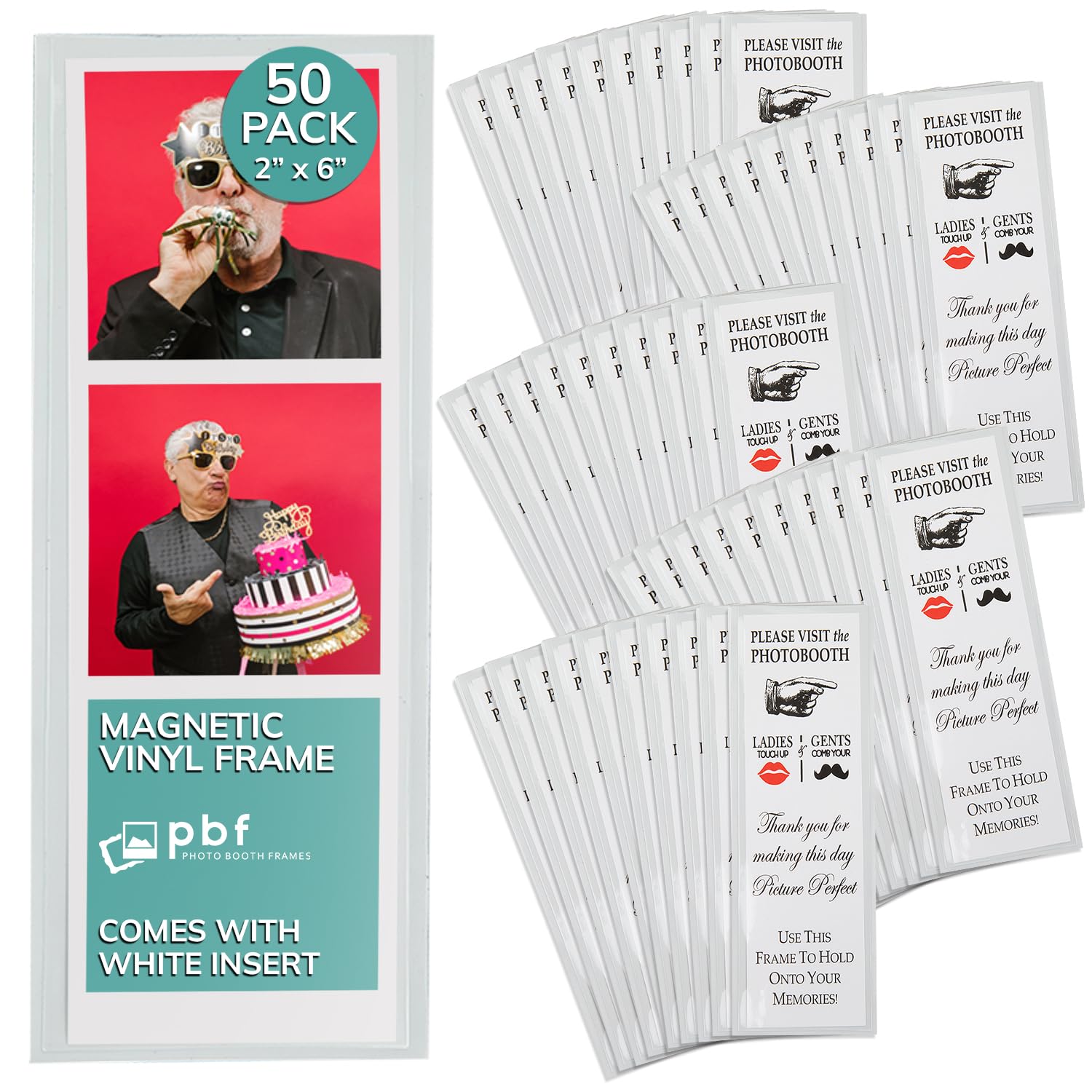 pbf PHOTO BOOTH FRAMES 2x6 Magnetic Picture Frames for Refrigerator | 2 x 6 Clear Magnetic Vinyl Frames for Photo Strips for Fridge (50-Pack)