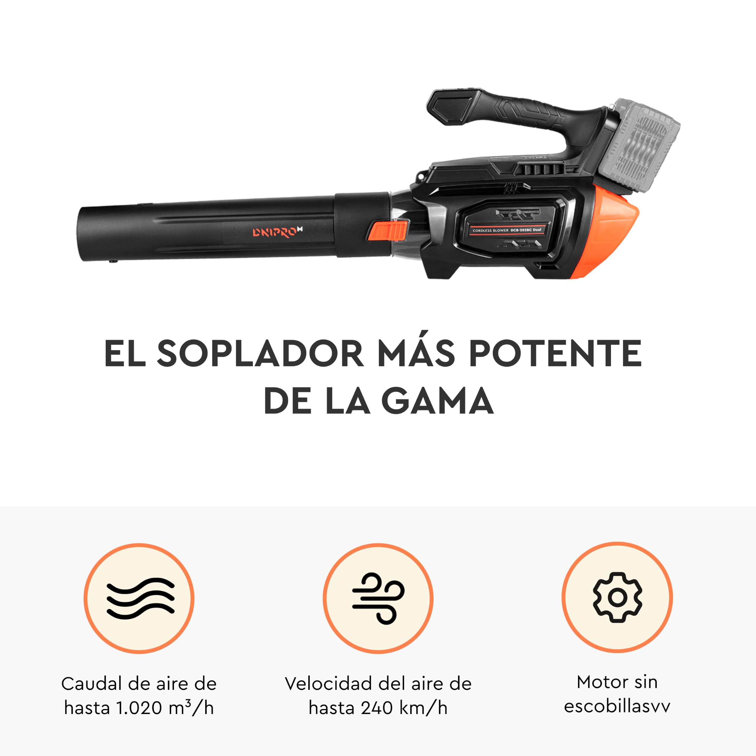 Soplador de Hojas Inalámbrico DCB-202BC Dual - Limpieza Potente Kit con 2 Baterías 2 Ah y Cargador, Motor Brushless, 1020 m³/h, 240 km/h, 4 Velocidades + Turbo - Jardín, Patio y Garaje - por Dnipro-M