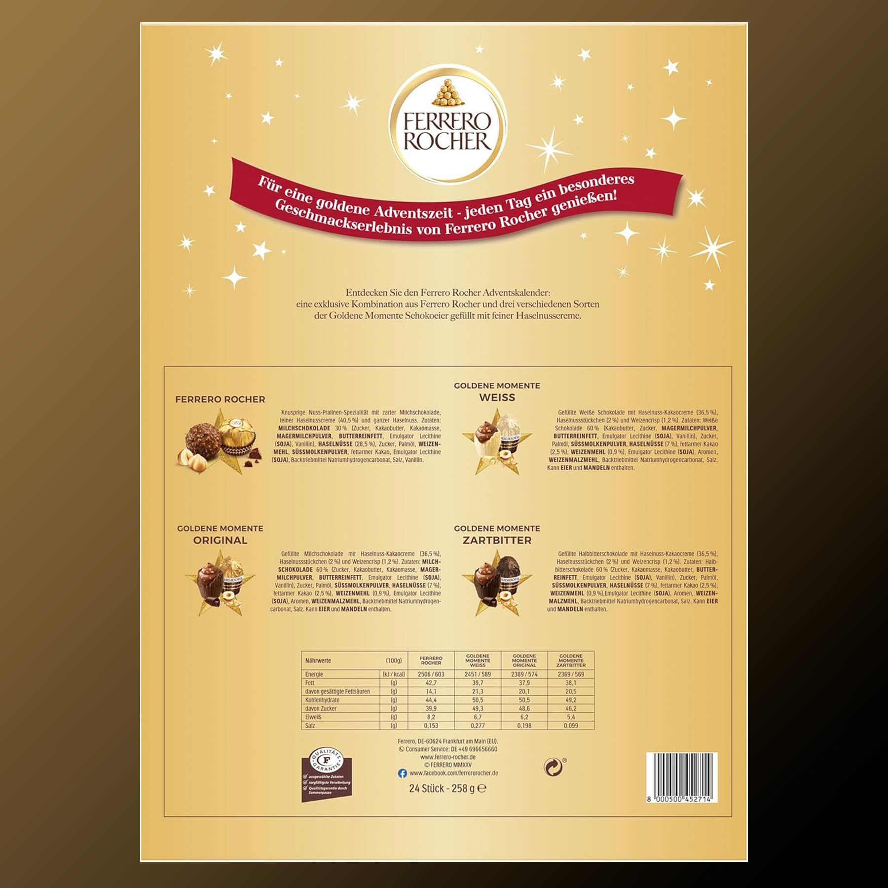 Calendario de Adviento FERRERO ROCHER 2025 Golden Moments Gran Familia + Tarjeta Personalizable Cia&Co · 24 Bombones Gourmet · Ferrero Rocher, Golden Moments Blanco, Original y Dark · 258 g
