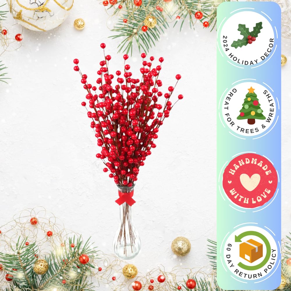 Larksilk 24 Artificial Red Holly Berry Stem Picks - Decorative Wire Branch Red Picks for Christmas Tree Decoration - Holiday Décor, Silk Flower Arrangements - 35 Berries per Stem - Red Berry Stems