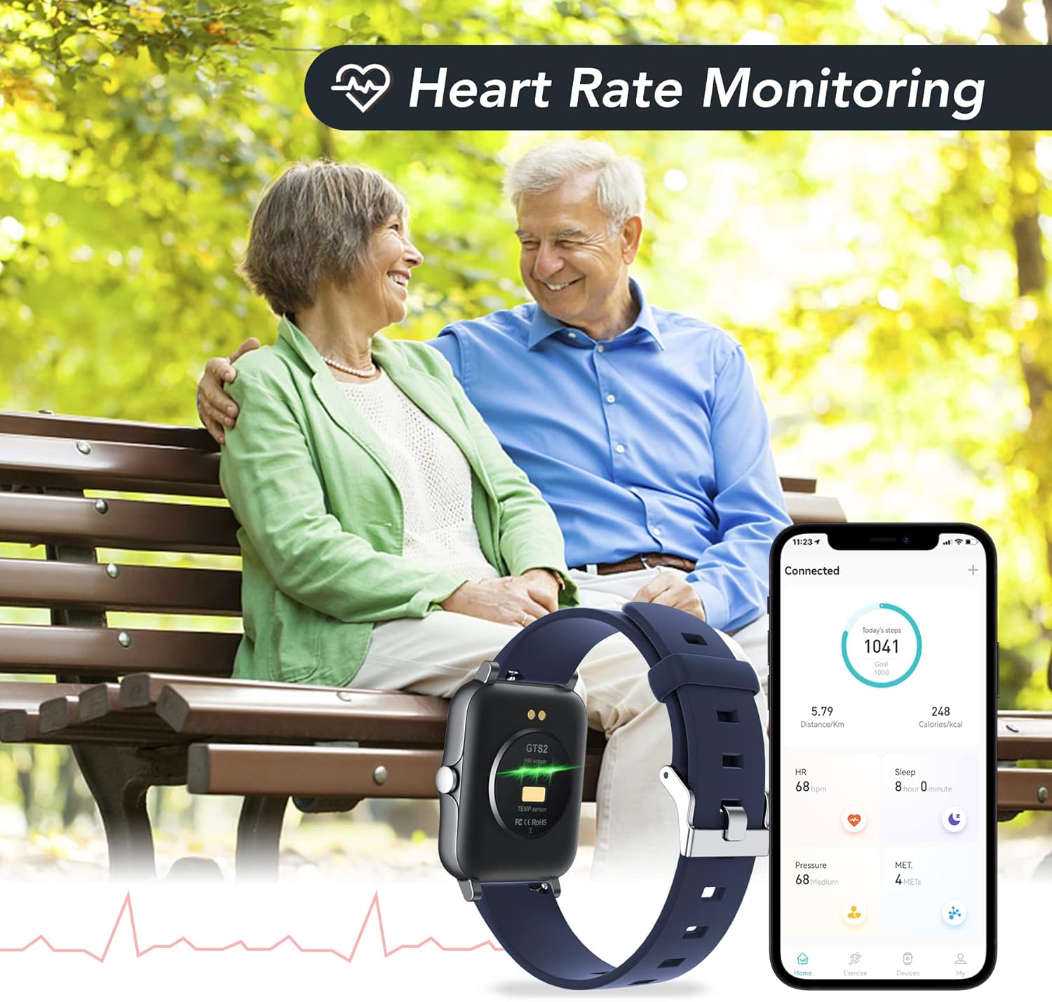 An elderly couple sitting on a bench, with the threesheep GTS2 Smart Watch on a wrist, showing heart rate monitoring data on the watch and a connected smartphone app.