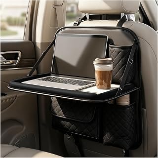 Car Backseat Organizer, Auto Back Seat Organizer with Foldable Table Tray & Storage Pouches, Premium Leather Kick Mat Multifunctional Seat Back Protector for Most Cars (Black)