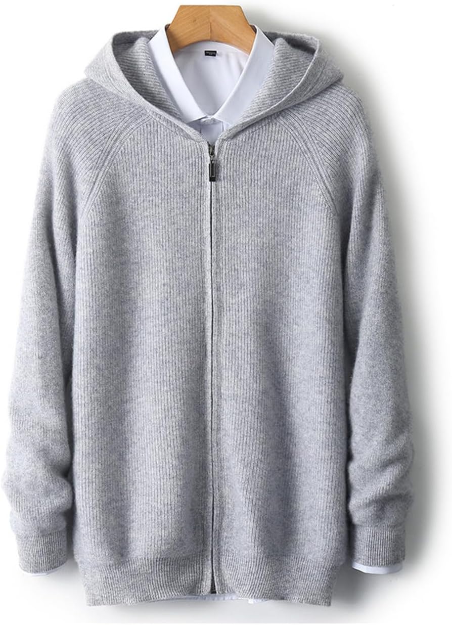 Men's Autumn Winter 100% Wool Cardigan Hooded Business Long Sleeve Knitted Sweater Thick Bottoming Coat