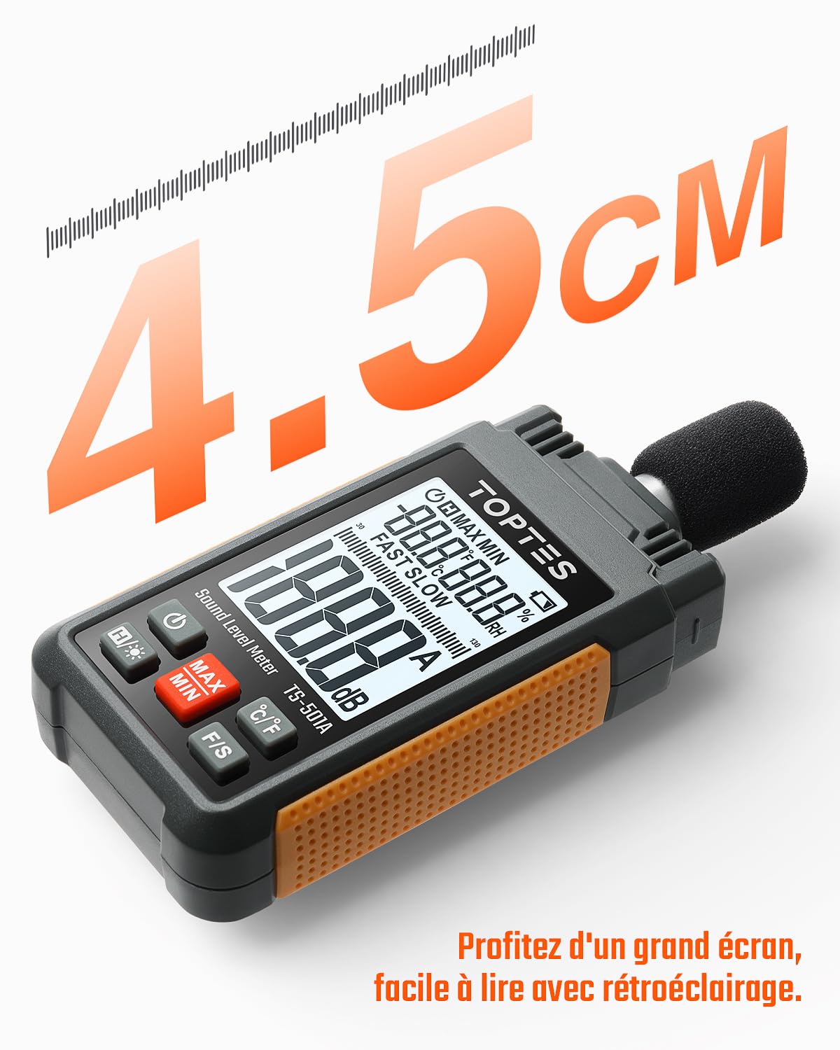 Sonomètre, TopTes TS-501A Décibelmètre avec écran LCD rétroéclairé de 2,25 pouces, pondéré A, plage 30-130 dB, valeur MAX/MIN, utilisation pour la maison, voisin bruyant, usine - Orange
