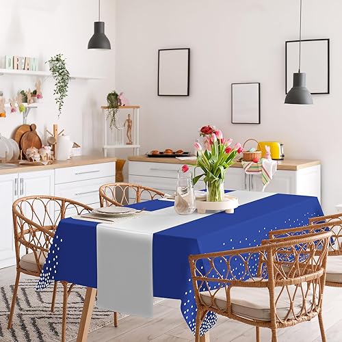 Miniatura 4 de Paquete de 12 manteles y caminos de mesa azules y plateados para decoración de fiesta, mantel desechable de plástico azul y plateado y camino de