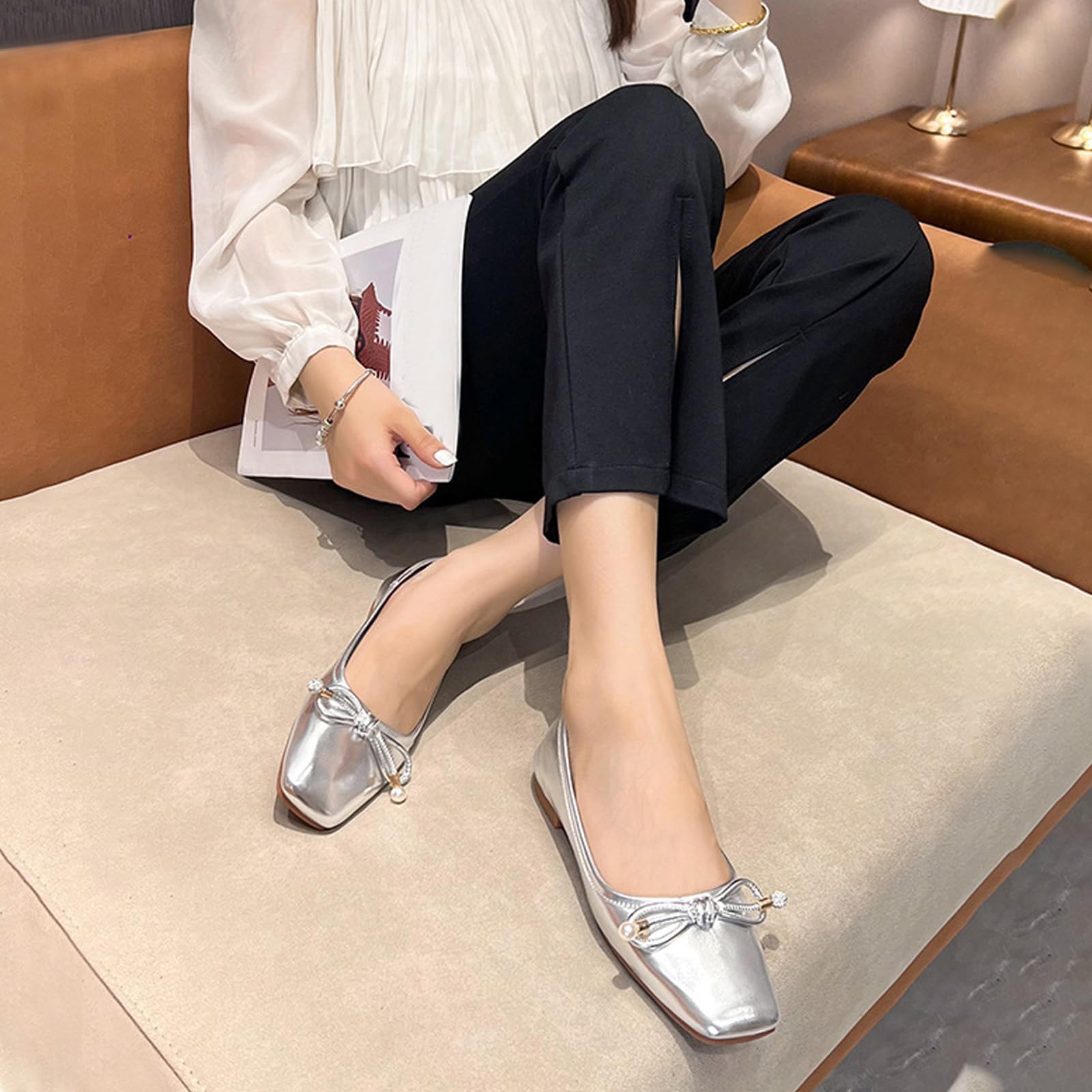 womens silver flat dress shoes Silver Wedding Shoes Glitter Round Toe Slip On Bridesmaid Shoes Women Ballet Flats