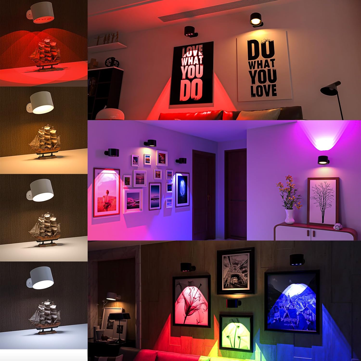 Glowright Lights Rechargeable RGB 9 Colors Wall-Sconces Cordless 5W Reading Light 5 Dimming Levels Picture Lights360° Magnetic Rotation Gallery Light for Home/Office/Studio/Gallery (Black*4PCS)