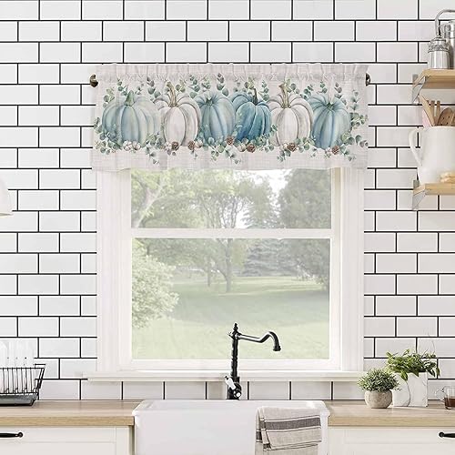 Miniatura 4 de Wohnkutu Cenefas de cortina de otoño de calabazas azules y grises para decoración de tratamiento de ventanas, cenefa corta con bolsillo para barra