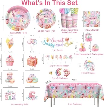 180Pcs Xynic Sweet Sassy and Six Birthday Decorations Tableware Set