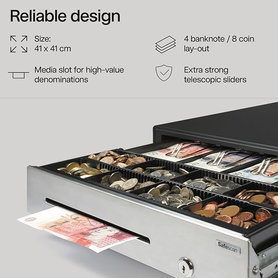 Safescan HD-4141S Heavy-Duty Cash Drawer that Safely Stores Your Cash - Till Drawer with 4 Note and 8 Coin Slots - Cash Till with RJ-12 Connection - Robust Cash Register Drawer of 41 X 41.5 X 11.5 cm