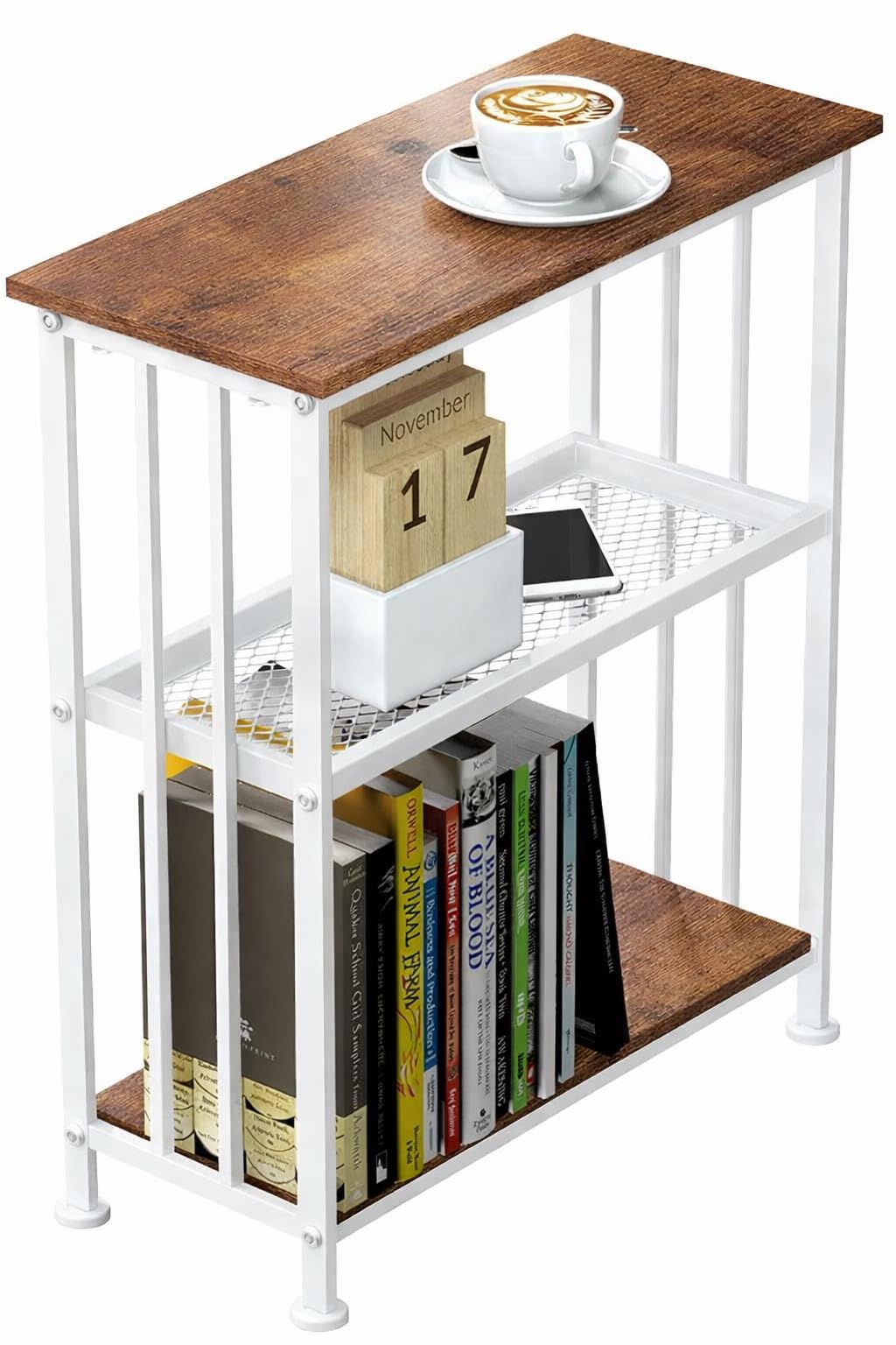 58174 Vintage End Table/Simple Rustic Side Table 3-Tier Storage Shelf, Narrow Nightstand Coffee Table for Small Spaces, Living Room, Entryway, Bedroom, Metal Frame - White (18X11X24 Inch)-image-17