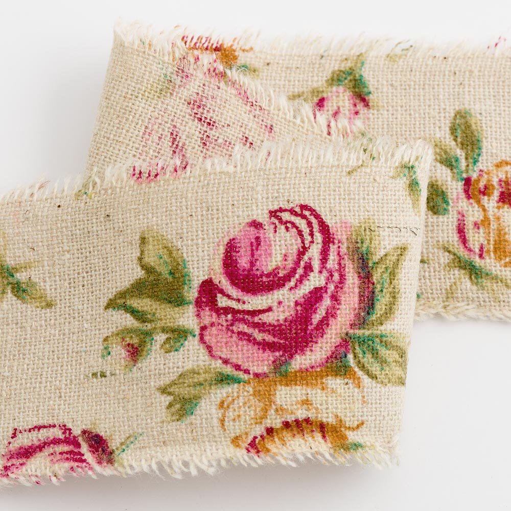 Italian Options Vintage Rose 70Mm Vintage Rose Floral Print Hessian Burlap Extra Wide Ribbon - 70Mm X 10M