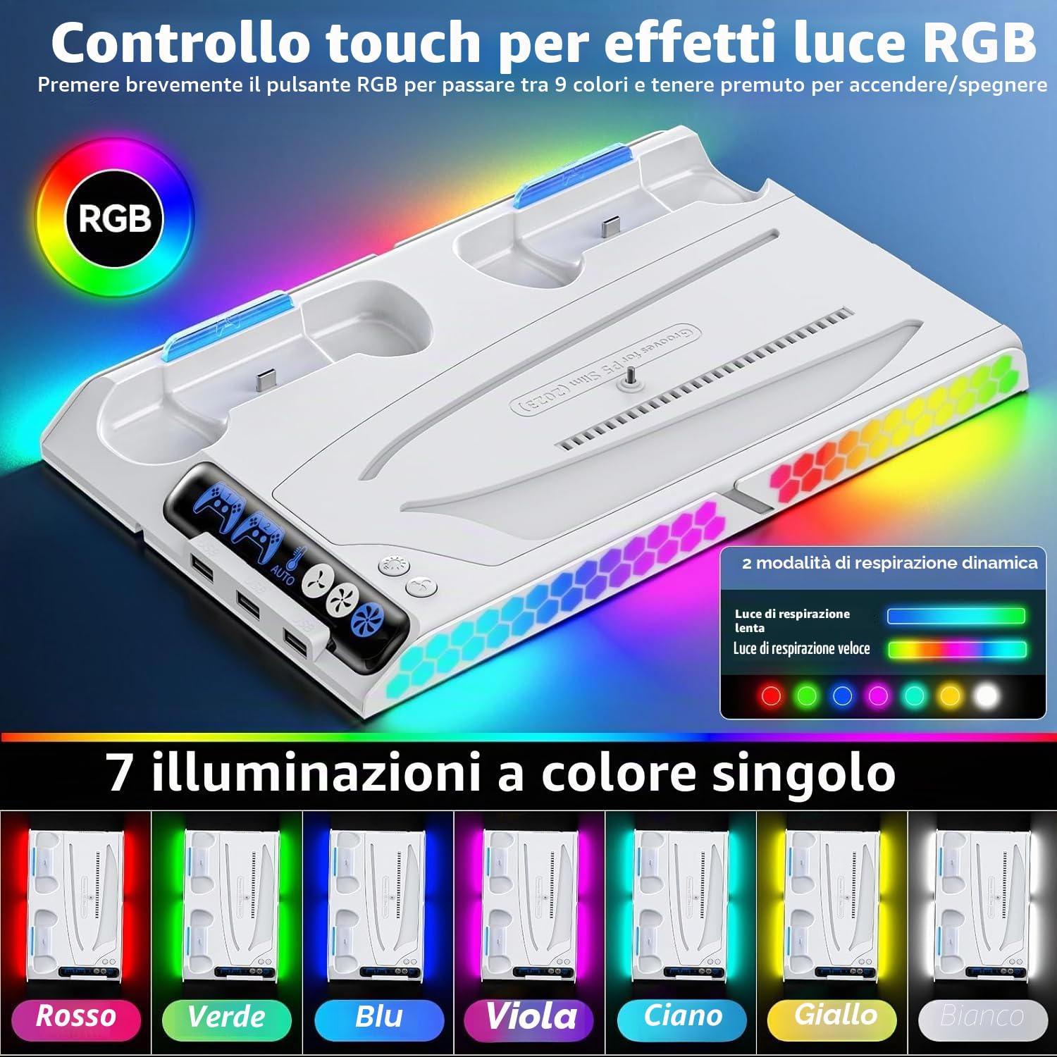 Supporto P5 di Raffreddamento per PS5/PS5 Slim con Regolazione Automatica, Supporto P5 Slim con Ventola di Raffreddamento a 4 Stadi, Accessori PS5 per Controller Originali/Edge