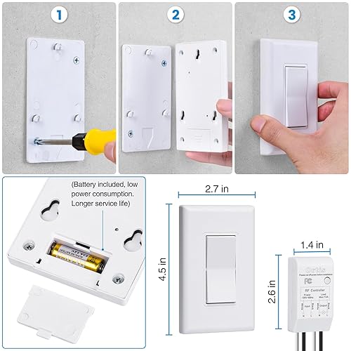 Miniatura 6 de Ortis - Kit de interruptor de luz inalámbrico y receptor, interruptores de pared inalámbricos de rango RF de 300 pies para luces, ventiladores,