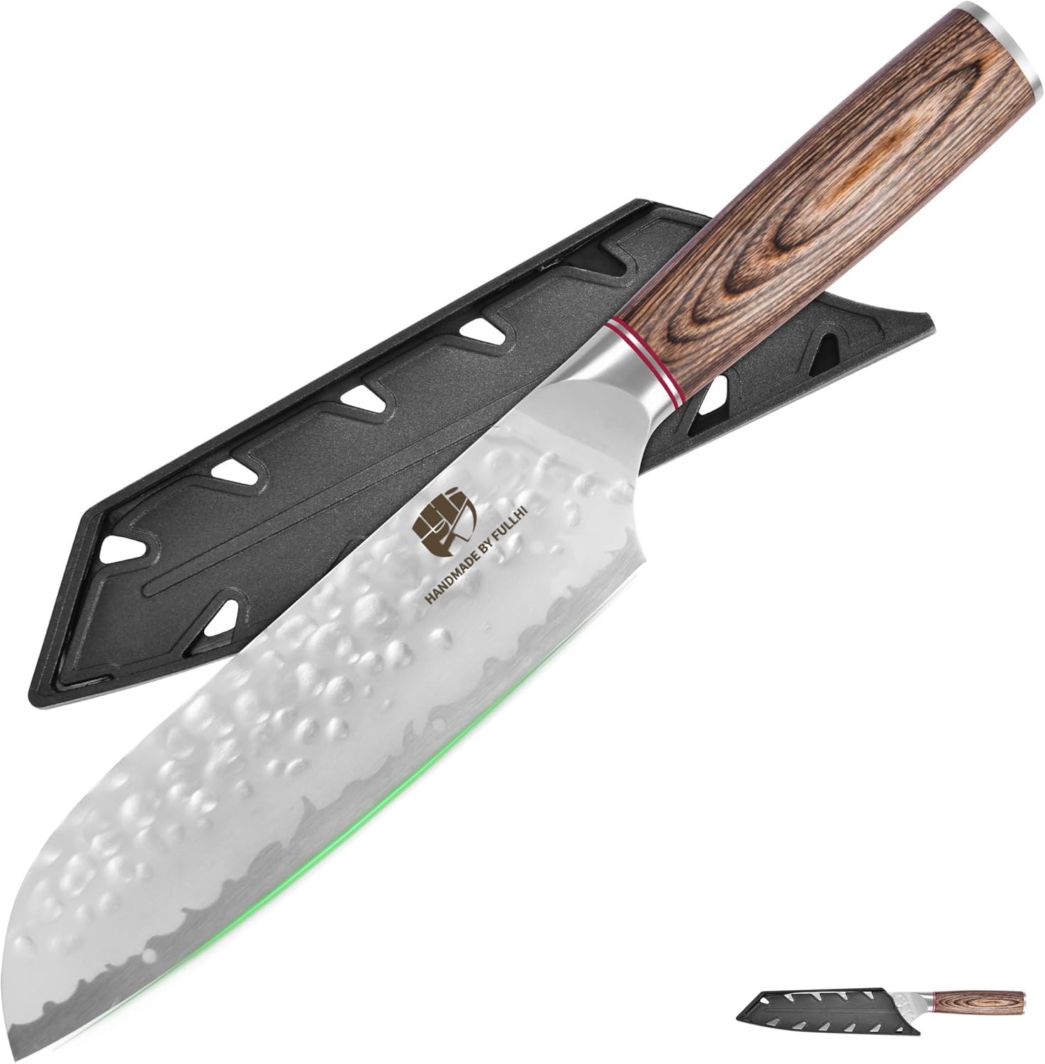 FULLHI Hammered Blade Kitchen Knife with Guard, Non-stick Chef's Knives, Pakka Wood Handle Japanese Knife, Premium German Stainless Steel Kitchen Knives with Sheath (7" Santoku Knife)