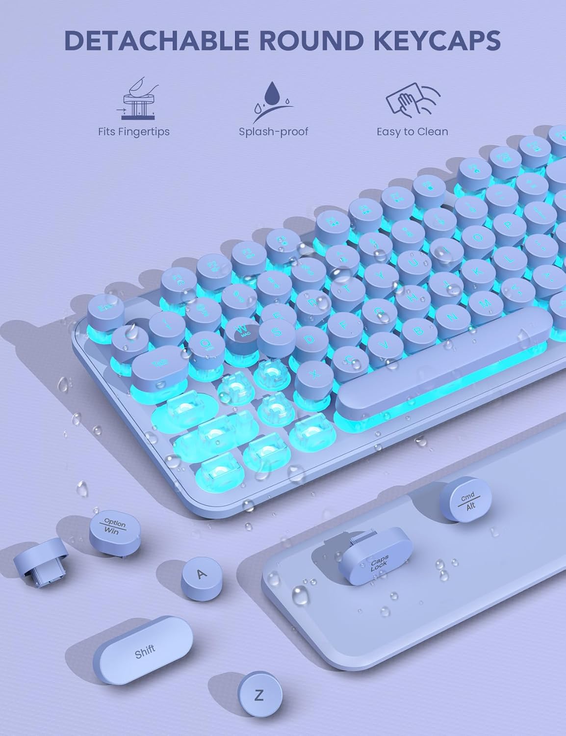 Close-up of the keyboard showing detachable round keycaps and splash-proof design.