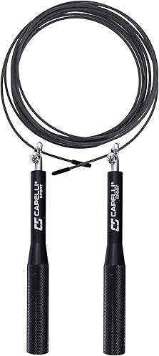 Capelli Sport Cuerda de saltar para ejercicio, cuerda de saltar para entrenamiento cardiovascular de velocidad, asas de metal, negro, 9 pies