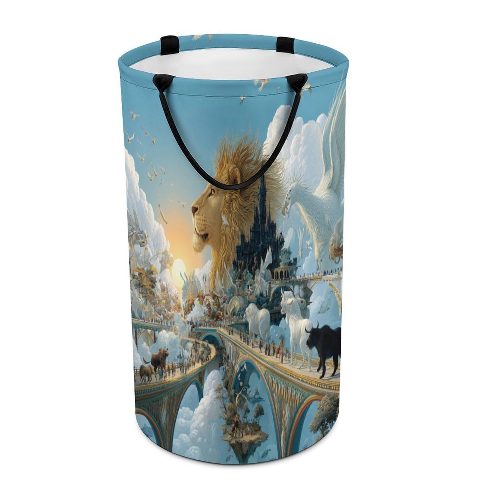 LUYYSKY Classic Abstract Fantasy Dragon Versatile Storage Laundry Basket, Rustic Oil Painting Sunrise Enchanted Castle Animal Bird Lion Large Bathroom Laundry Hamper With Handle-40 CM Dia, 69 CM High