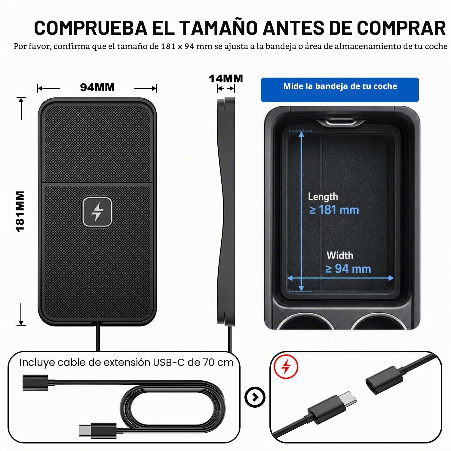 Alfombrilla Cargador Inalámbrico Coche, Polmxs 15W Cargador Coche Carga Rapida Inalambrico Antideslizante con Cable de 30cm y Extensión de 70cm, Compatible con iPhone 16/15/14/13/12, Samsung, Google
