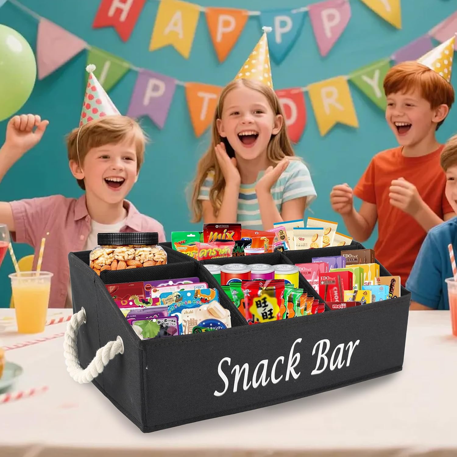 Snack Organizer for Countertop, Fabric Snack Basket with Cotton Rope Handles, 6 Compartments Snack Box Container, Snack Bar Station Storage, Kitchen Pantry Organizer and Storage - Black