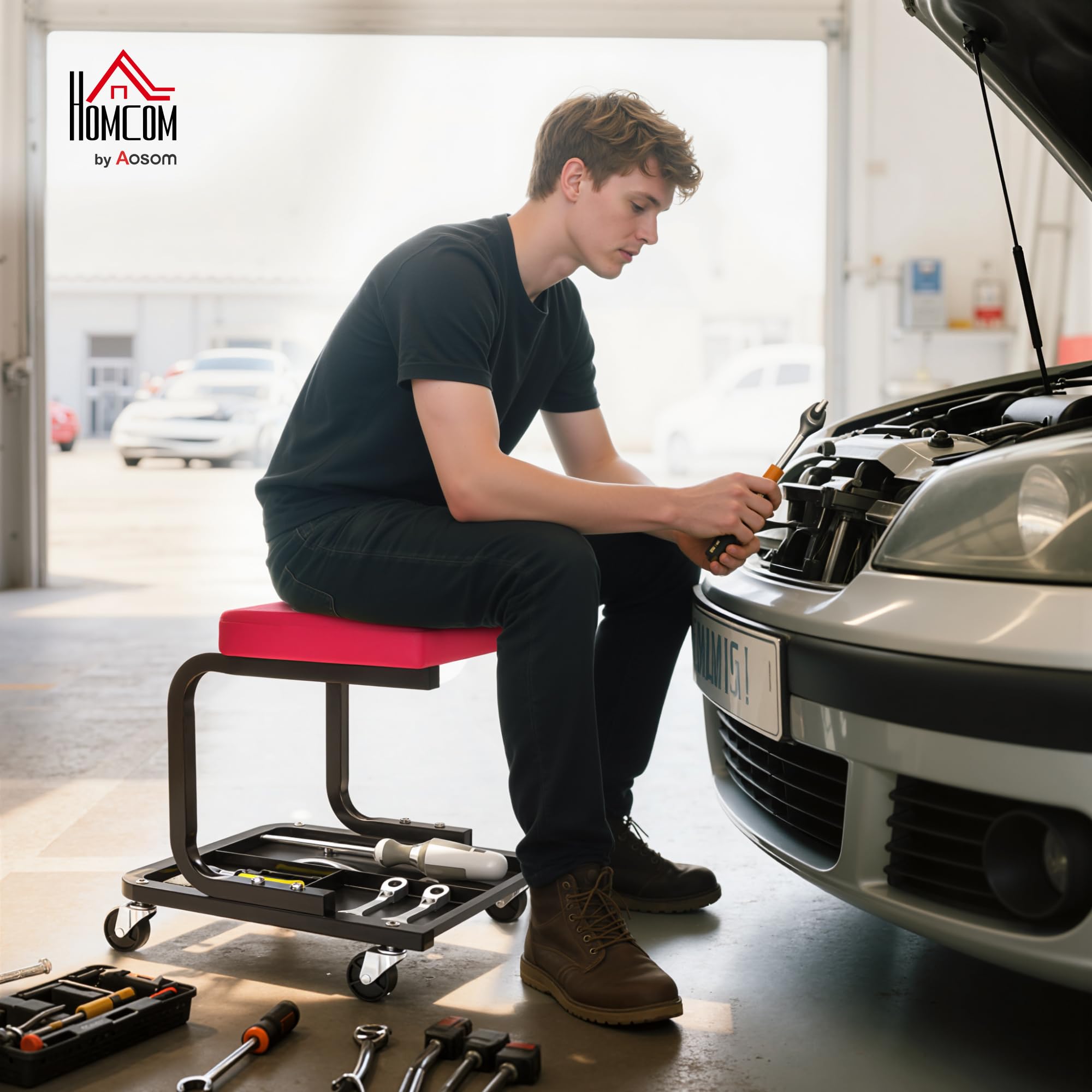 HOMCOM Tabouret de Mécanicien Tabouret d'Atelier Mobile Plateau à Outils | Charge 135 kg, Siège d'Atelier avec Roulettes Lisses Pivotant à 360°, pour Entretien, Réparation Automobile, Garage