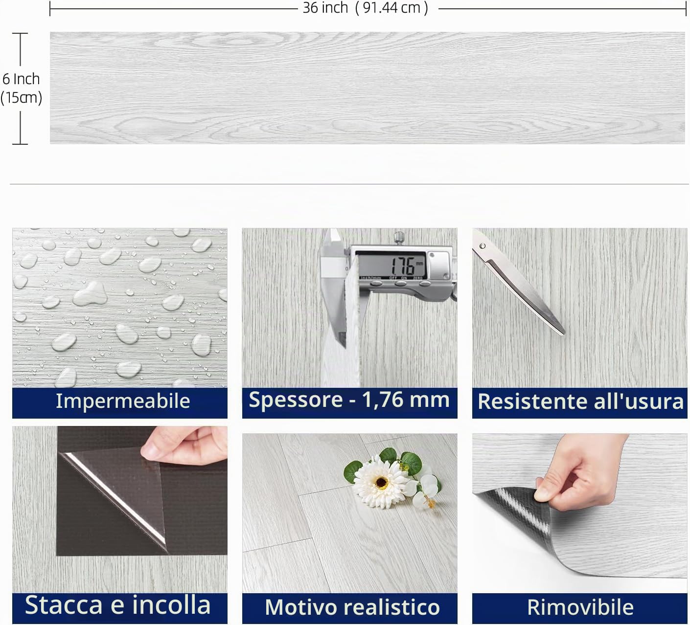 FunStick 90×15CM 35 Piastrelle Adesive Cucina Effetto Legno Grigio Pavimento Garage Ufficio Impermeabile Adesivi per Piastrelle Bagno Grigio Effetto Legno Pavimento PVC Adesivo Bianco Camera da Letto